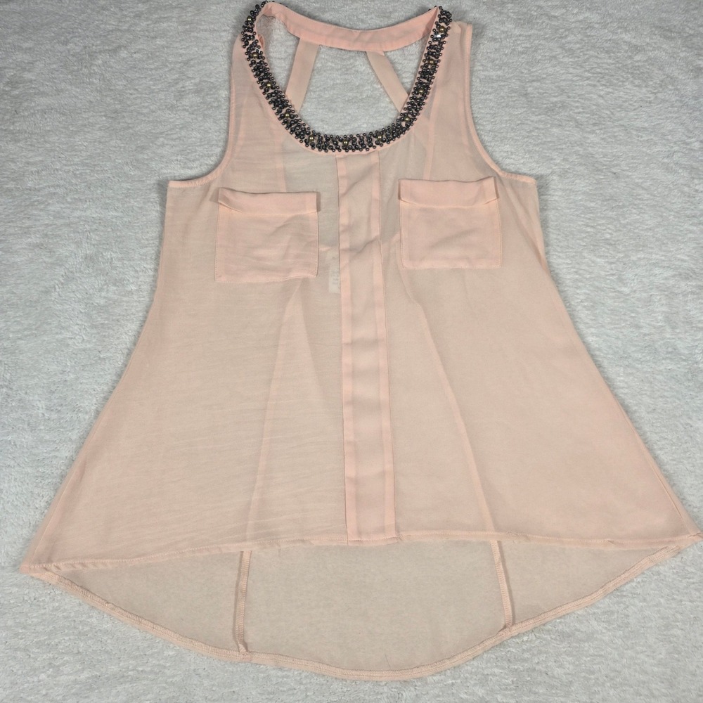 BLVD Tank Top Women Medium Peach Excellent Beaded‎ High Low Chiffon Boho Chic